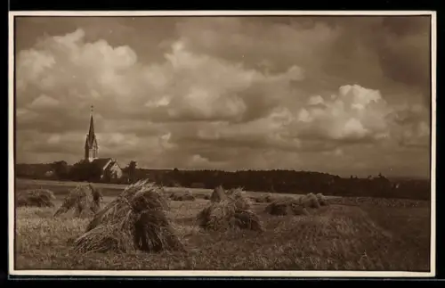 AK Hochheim bei Erfurt, Blick von Südwesten zum Ort, Kirche, Getreidefeld