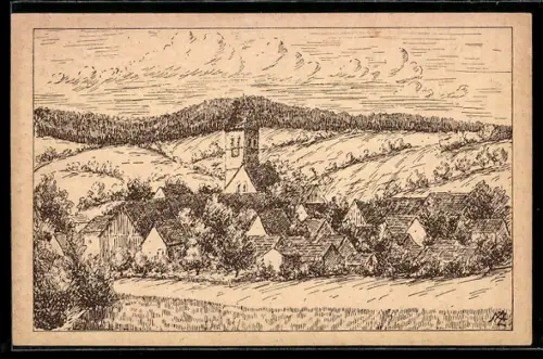 Künstler-AK Ostrach /Hohenzollern, Kirche und Ortsansicht