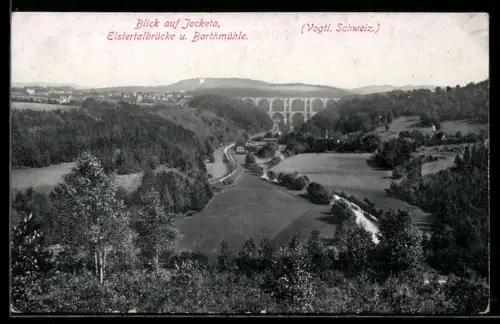 AK Jocketa /Vogtl. Schweiz, Blick auf Jocketa, Elstertalbrücke, Barthmühle