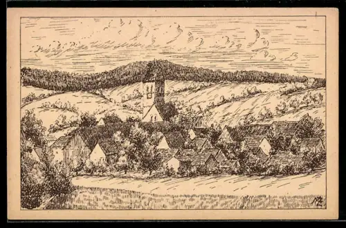 Künstler-AK Ostrach /Hohenzollern, Ortsansicht aus der Vogelschau