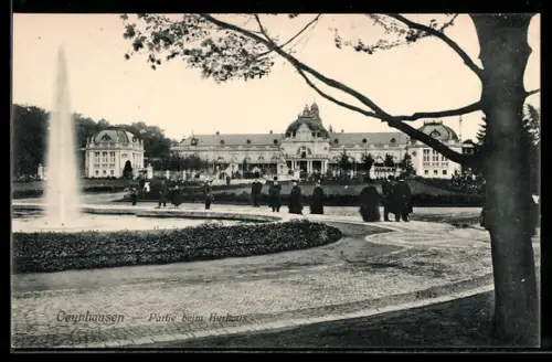 AK Oeynhausen, Partie beim Kurhaus, Springbrunnen, Parkanlage