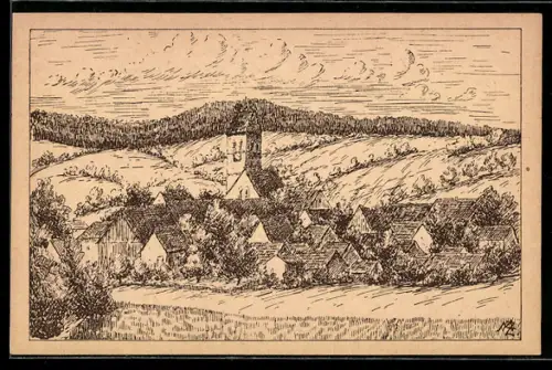 Künstler-AK Ostrach /Hohenzollern, Ortsansicht mit umliegender Landschaft