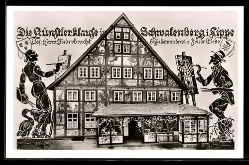 AK Schmallenberg i. Lippe, Gaststätte Künstlerklause H. Niederbracht, Fassadenmalerei Fr. Eicke