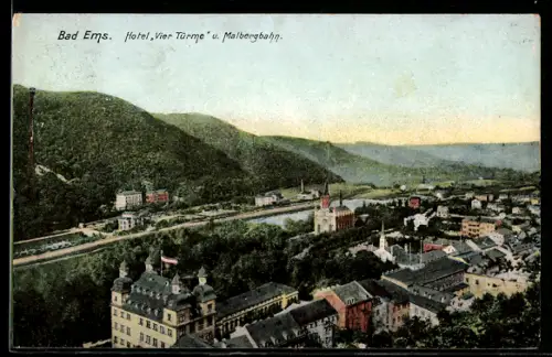AK Bad Ems, Hotel Vier Türme u. Malbergbahn