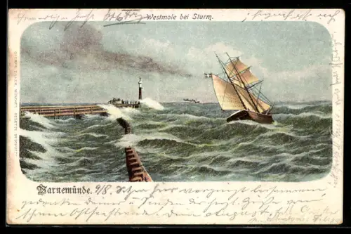 Künstler-AK Warnemünde, Westmole bei Sturm, Segelschiff