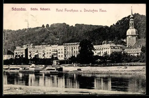 AK Bad Schandau /Sächs. Schweiz, Hotel Forsthaus, Deutsches Haus, Kirche