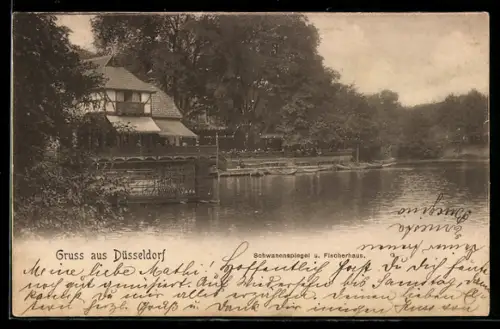 AK Düsseldorf, Schwanenspiegel u. Gaststätte Fischerhaus