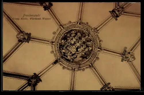 AK Freudenstadt, Evang. Kirche, Württemb. Wappen
