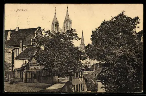 AK Meissen, Ortspartie mit Dom u. Haus Franz Würfel