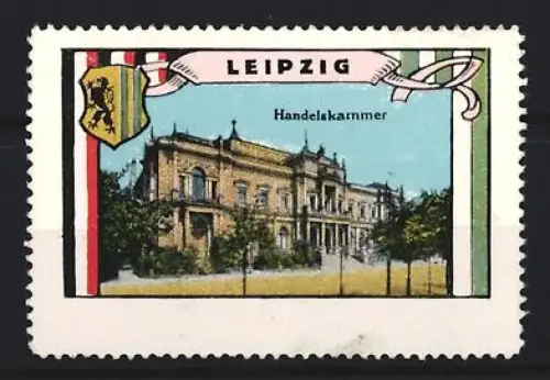 Reklamemarke Leipzig, Handelskammer, Gebäudeansicht mit Wappen