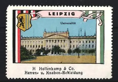 Reklamemarke Leipzig, H. Hollenkamp & Co., Herren- und Knaben-Bekleidung, Blick auf die Universität