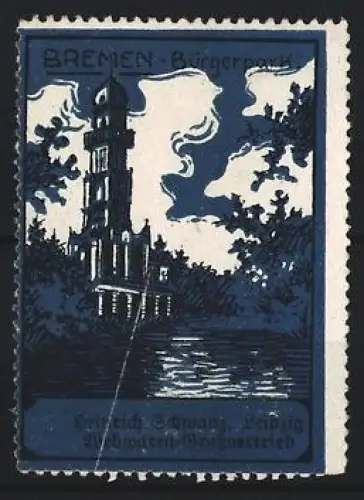 Reklamemarke Bremen, Heinrich Schmanz, Webwarenvertrieb, Bürgerpark, Wasserturm im Wald