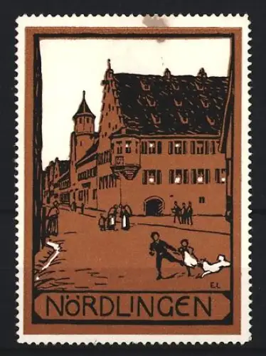 Reklamemarke Nördlingen, Ortsansicht mit Menschen, historische Gebäude