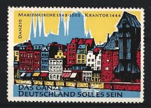 Reklamemarke Danzig, Marienkirche 1343-1502, Krantor 1444, Ortsansicht mit Gebäuden