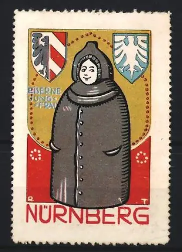 Reklamemarke Nürnberg, Zufriedene Person in Eiserner Jungfrau und Wappen