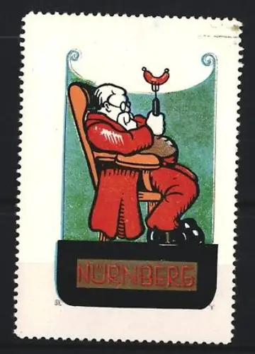 Reklamemarke Nürnberg, Mann mit Wurst in einem Sessel