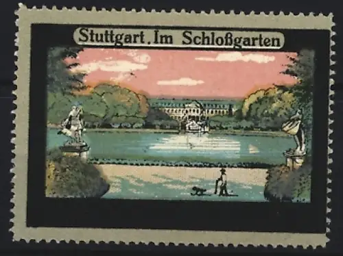 Reklamemarke Stuttgart, Im Schlossgarten, Teich mit Skulpturen