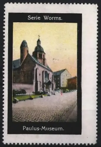 Reklamemarke Worms, Paulus-Museum, Kirche bei Sonnenuntergang
