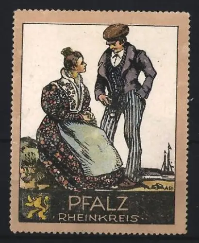 Reklamemarke Pfalz, Menschen in zeitgenössischer Kleidung und Wappen