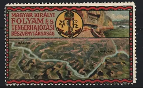 Reklamemarke Magyar Királyi, Folyam és Tengerhajózási Rt., Anker und Flusskarte
