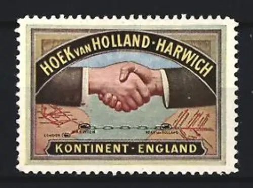Reklamemarke Hoek van Holland-Harwich, Kontinent-England, Händedruck über Karte