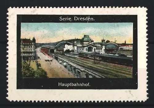 Reklamemarke Dresden, Partie am Hauptbahnhof mit Bahnen