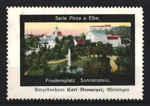 Reklamemarke Meiningen, Carl Neumeyer, Porzellanhaus, Partie am Friedensplatz, Sonnenstein
