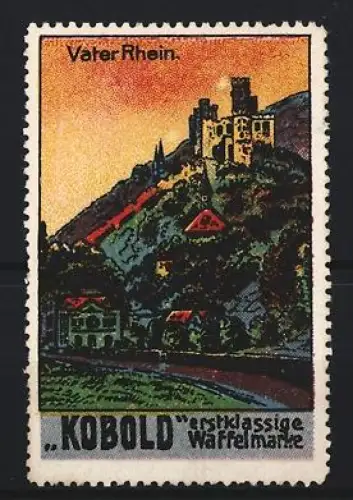 Reklamemarke Rhein, Kobold Waffeln, Burg auf Hügel