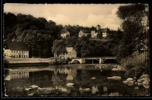 AK Rauenstein i. Erzgeb., Gasthof, Schloss, Brücke, Flussufer