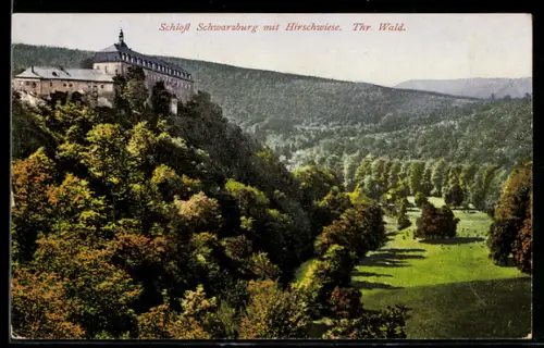 AK Schwarzburg /Thüringer Wald, Schloss Schwarzburg mit Hirschwiese