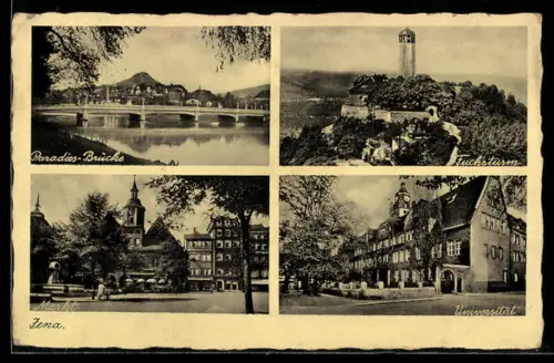 AK Jena, Paradies-Brücke, Fuchsturm, Markt, Universität