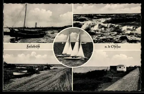 AK Falshöft a. d. Ostsee, Segelboote, Küste, Strandansichten
