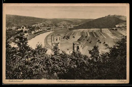 AK Neckarsteinach, Dilsberg, Schwalbennest und Ort aus der Vogelschau