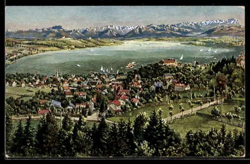 AK Starnberg am Würmsee, Ortsansicht, See und Hochgebirge m. Zugspitze