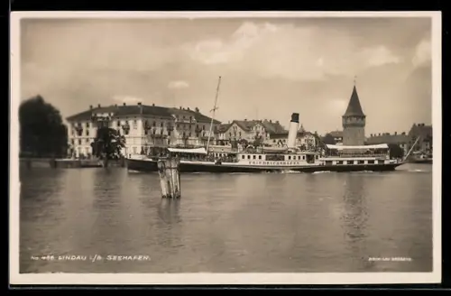 AK Lindau i. B., Seehafen, Dampfschiff Friedrichshafen, Mangturm