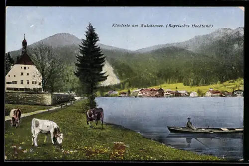 AK Walchensee, Klösterle am Walchensee, Ortsansicht, Seeufer, Ruderboot, Kühe