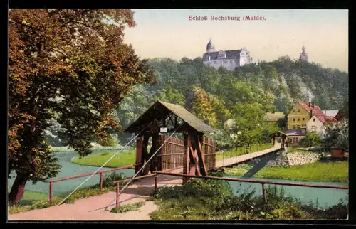 AK Rochsburg /Mulde, Schloss Rochsburg, Holzbrücke, Gasthof zur Sonne