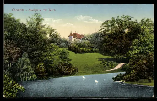 AK Chemnitz, Stadtpark mit Teich u. Villa