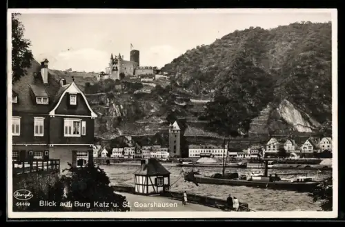 AK St. Goarshausen, Blick auf Burg Katz und Rheinansicht
