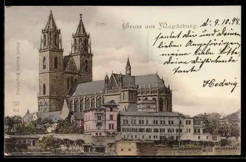 AK Magdeburg, Dom mit Bade- u. Augenheilanstalt Dr. Schreller