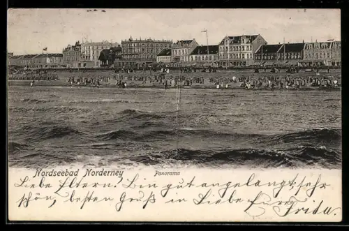 AK Norderney, Strand und Promenade, Panorama vom Wasser aus