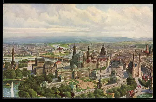 Künstler-AK Dresden, Zeppelin-Ansicht vom Zwinger, Opernhaus, Schloss, Altstadt, Neustadt