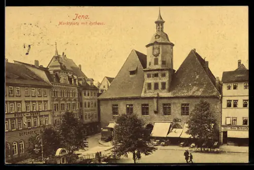 AK Jena, Marktplatz mit Rathaus u. Gaststätte, Dependance Hotel zur Sonne