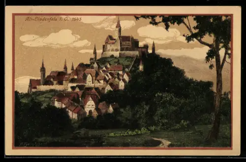 Künstler-AK Lindenfels, Burg und Ortsansicht 1645