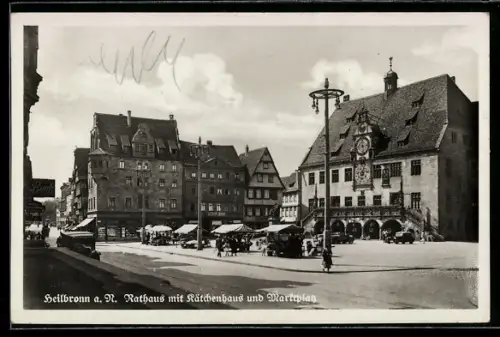 AK Heilbronn a. N., Rathaus mit Käthchenhaus und Marktplatz, Marktbetrieb