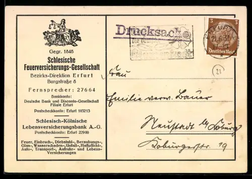AK Erfurt, Schlesische Feuerversicherungs-Gesellschaft, Bezirks-Direktion Burgstrasse 8, Mitteilung, Signet