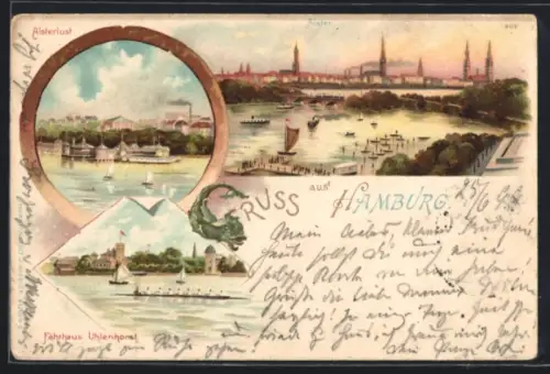 Lithographie Hamburg-Neustadt, Partie an der Alster, Fährhaus Uhlenhorst