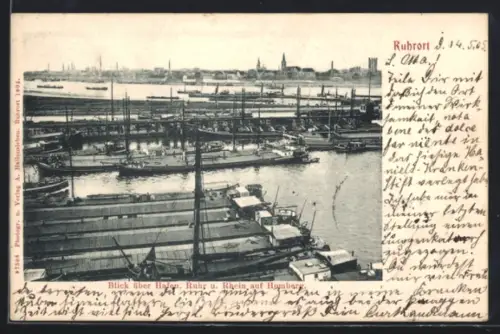 AK Duisburg /Ruhrort, Blick über Hafen, Ruhr und Rhein auf den Ort