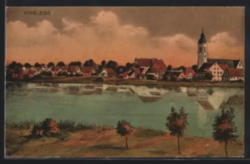 Künstler-AK Kisslegg, Uferpartie mit Kirche
