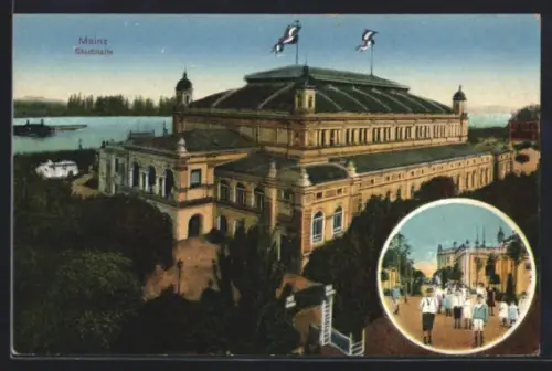 AK Mainz, Stadthalle, Strassenpartie mit Kindern